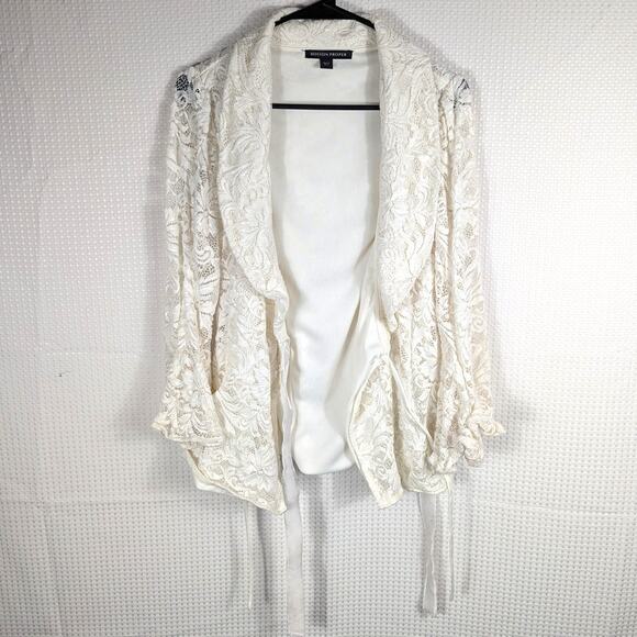 Boston Proper S White Lace Open Front Cardigan Sheer Long Sleeve Boho Layering - Picture 1 of 4